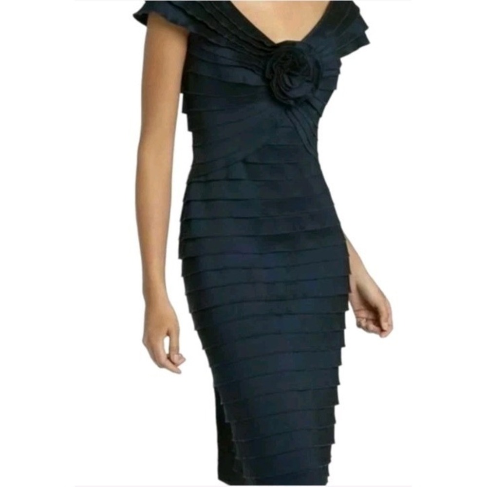Tadashi Shoji Dress 12 Navy Blue Satin Bodycon Cocktail Formal Rosette Pleat